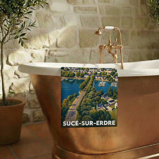 Serviette de bain souvenir de la ville de Sucé-sur-Erdre avec une illustration de son port et de son pont.