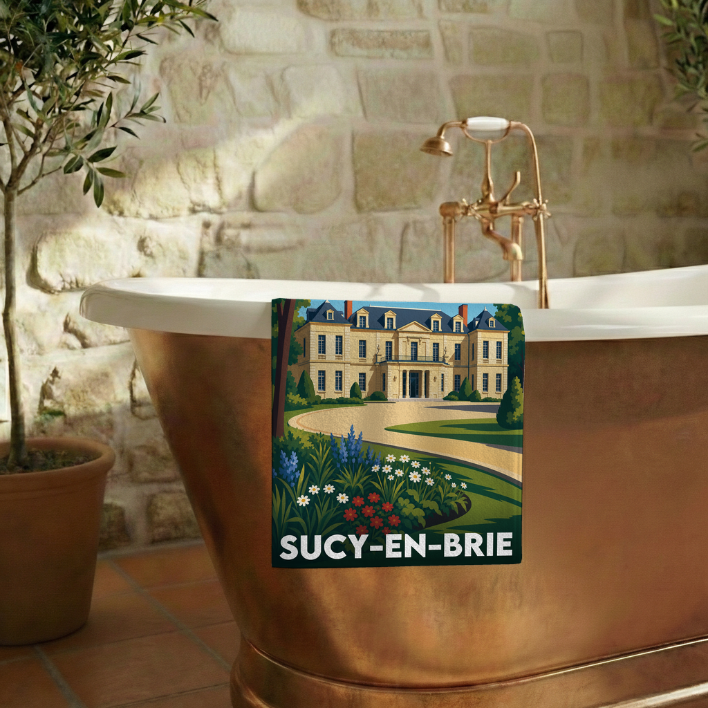 Serviette de bain souvenir de la ville de Sucy-en-Brie avec une illustration stylisée de son château.