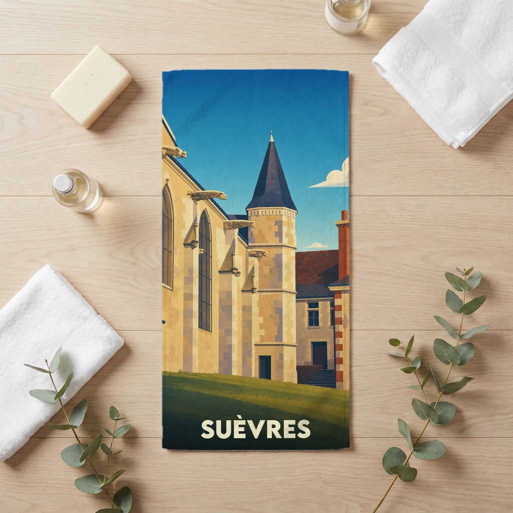 Serviette de bain souvenir de la ville de Suèvres avec une illustration stylisée de son patrimoine architectural.