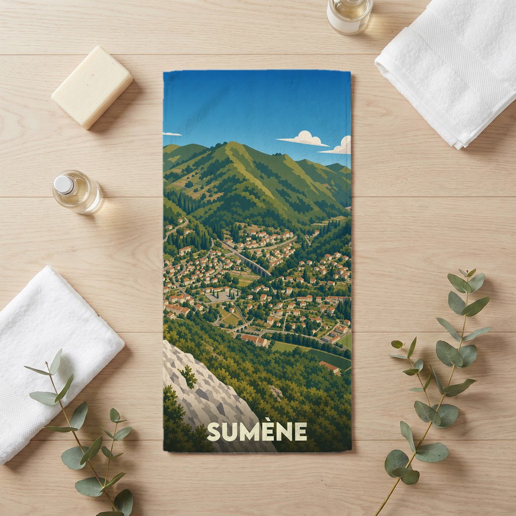 Serviette de bain souvenir de la ville de Sumène avec une illustration stylisée de son paysage montagneux.