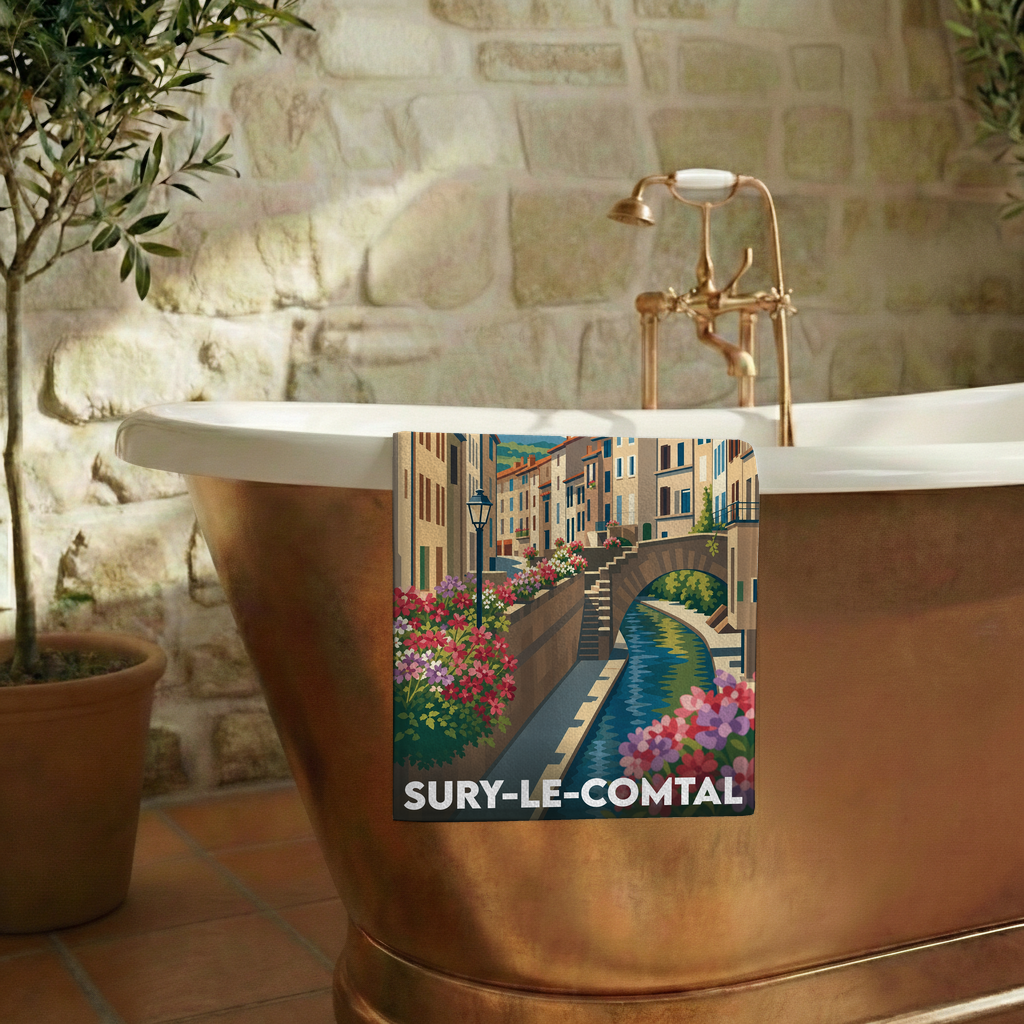 Serviette de bain souvenir de la ville de Sury-le-Comtal avec une illustration stylisée d'un canal fleuri.