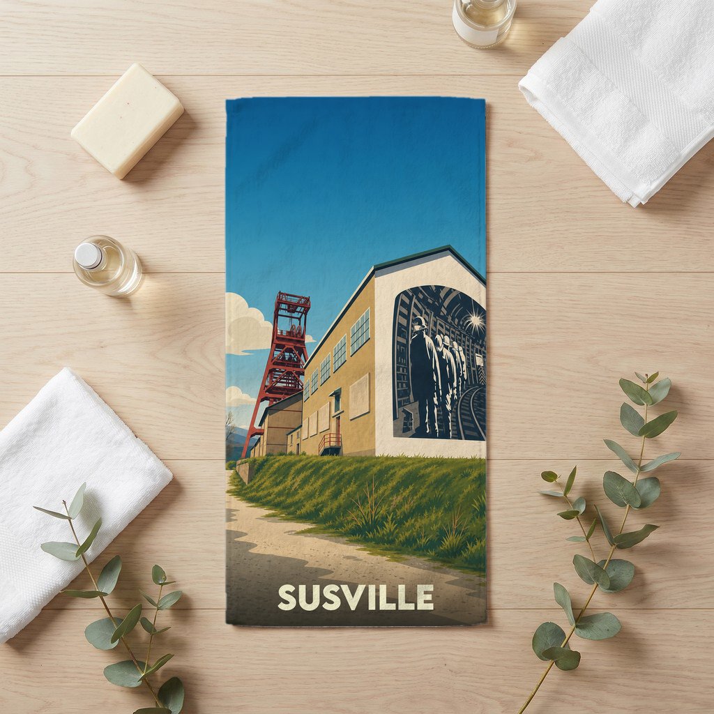 Serviette de bain souvenir de la ville de Susville illustrant son patrimoine minier dans un style rétro.