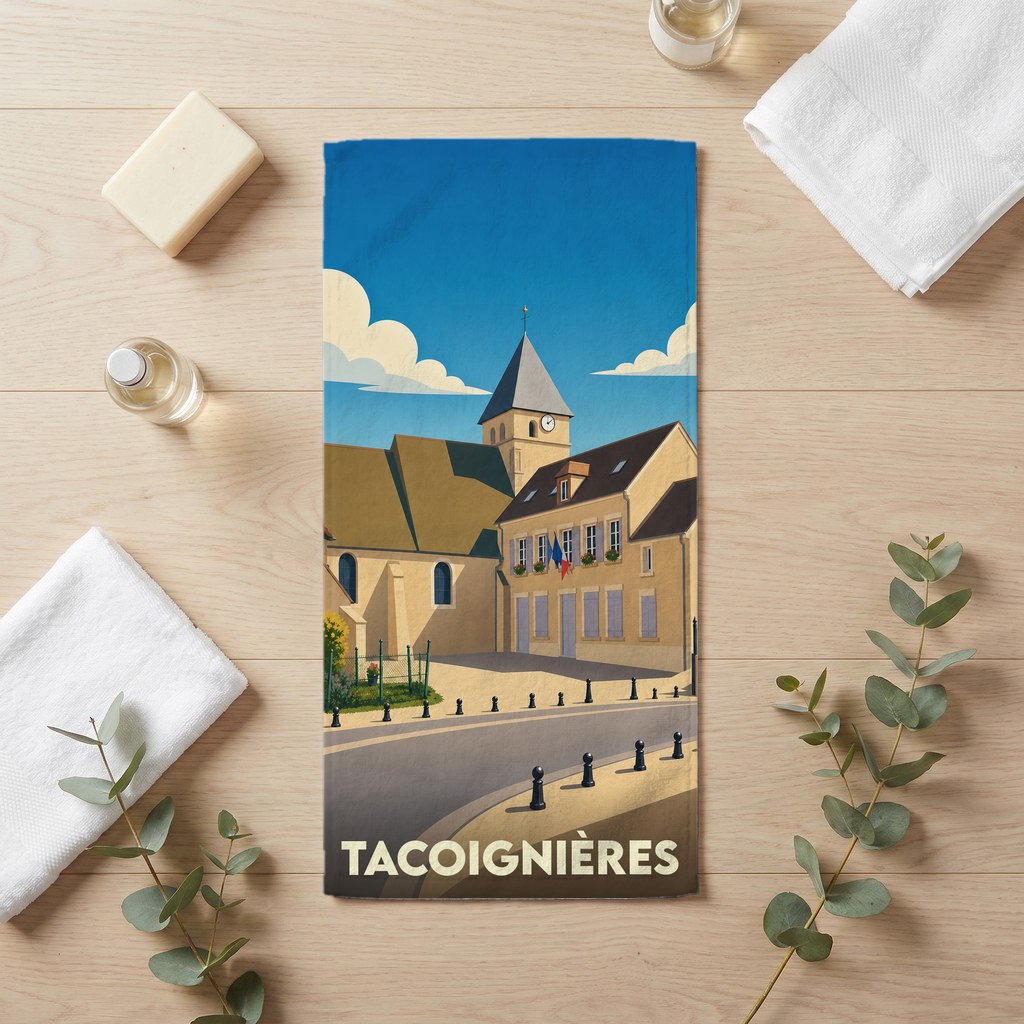 Serviette de bain souvenir de la ville de Tacoignières avec une illustration stylisée.