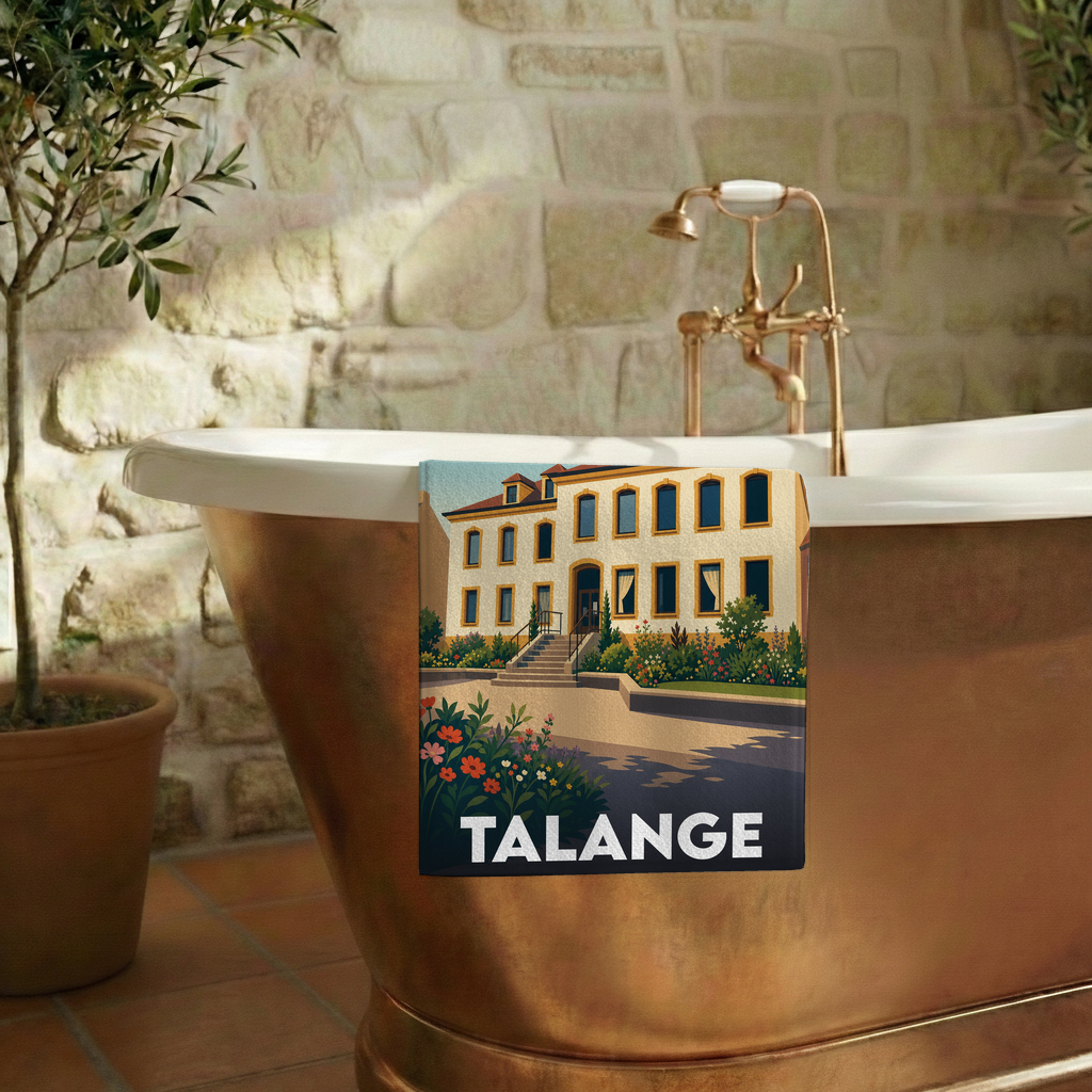 Serviette de bain souvenir de la ville de Talange avec une illustration stylisée.