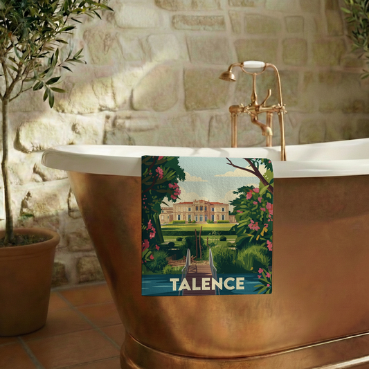 Serviette de bain souvenir de la ville de Talence ornée d'une illustration stylisée.