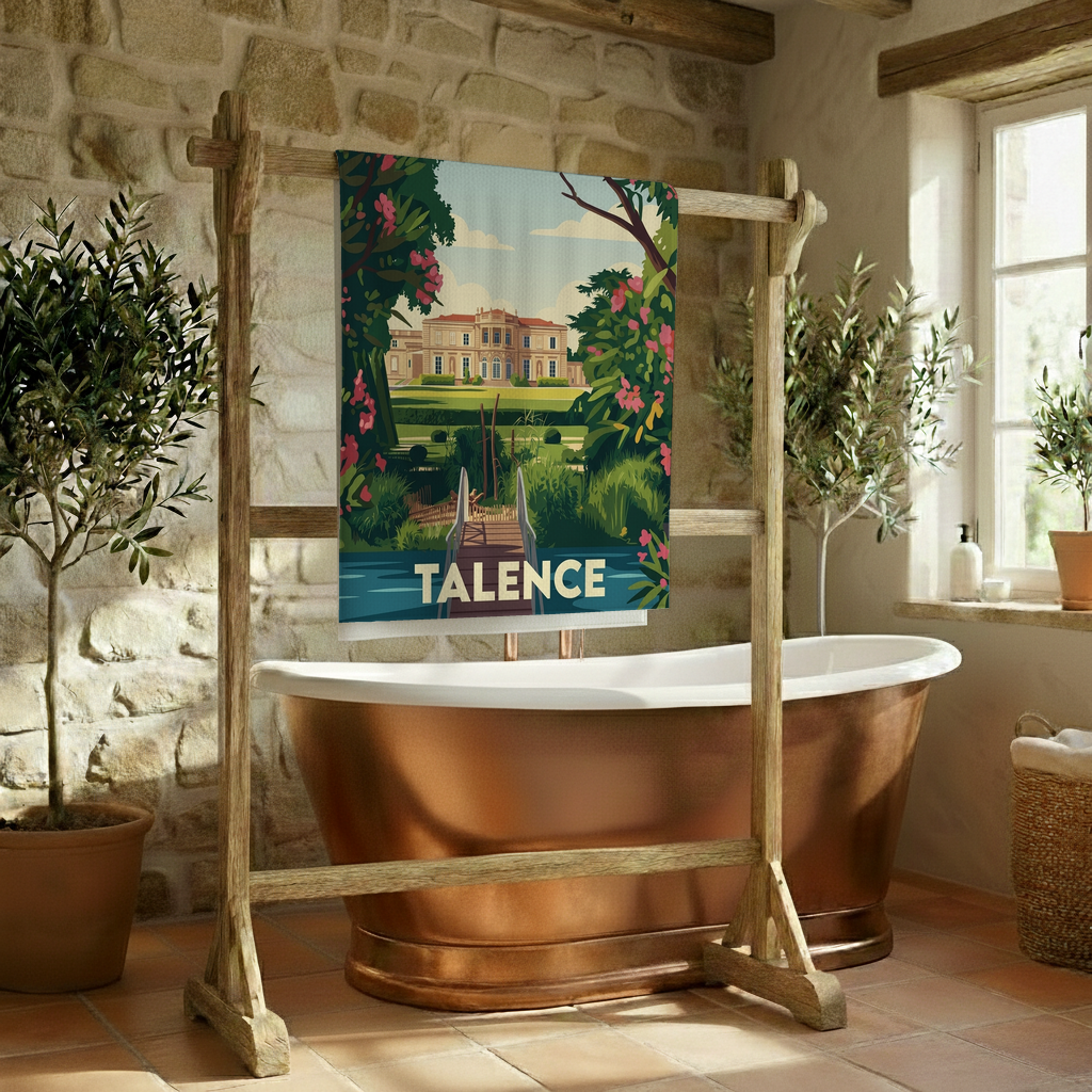 Serviette de bain souvenir de la ville de Talence avec une illustration stylisée d'un château et d'un parc.
