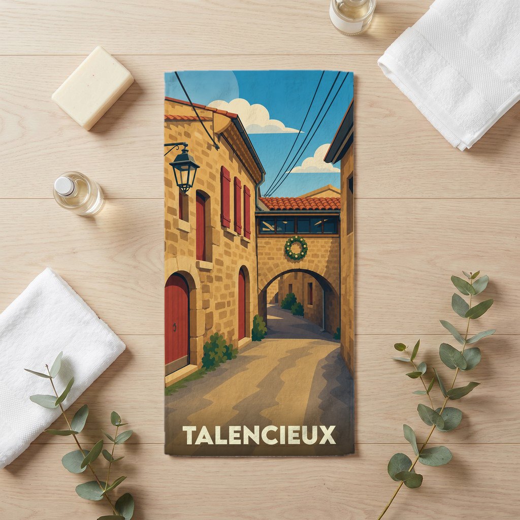 Serviette de bain souvenir de la ville de Talencieux avec une illustration stylisée d'une ruelle pittoresque.