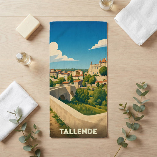 Serviette de bain souvenir de la ville de Tallende avec une illustration stylisée d'un paysage historique.