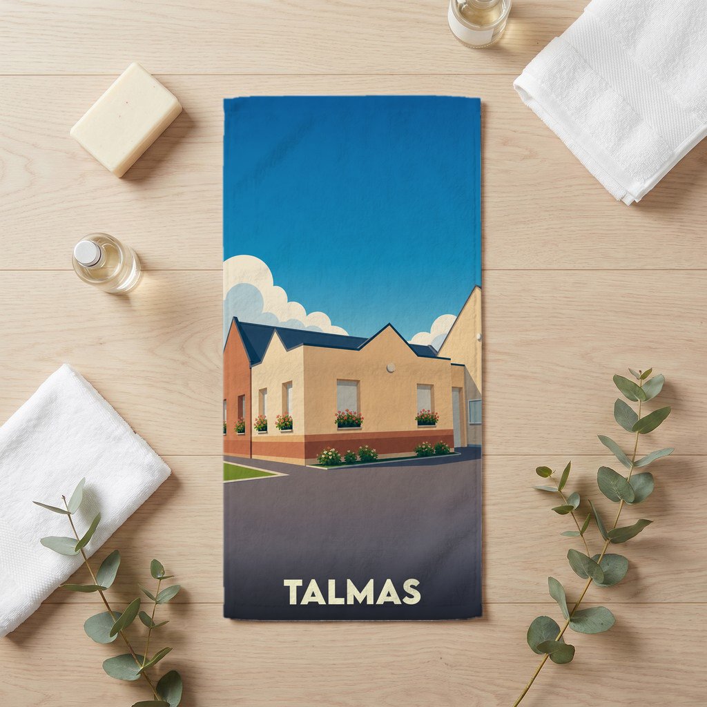 Serviette de bain souvenir de la ville de Talmas avec une illustration stylisée.
