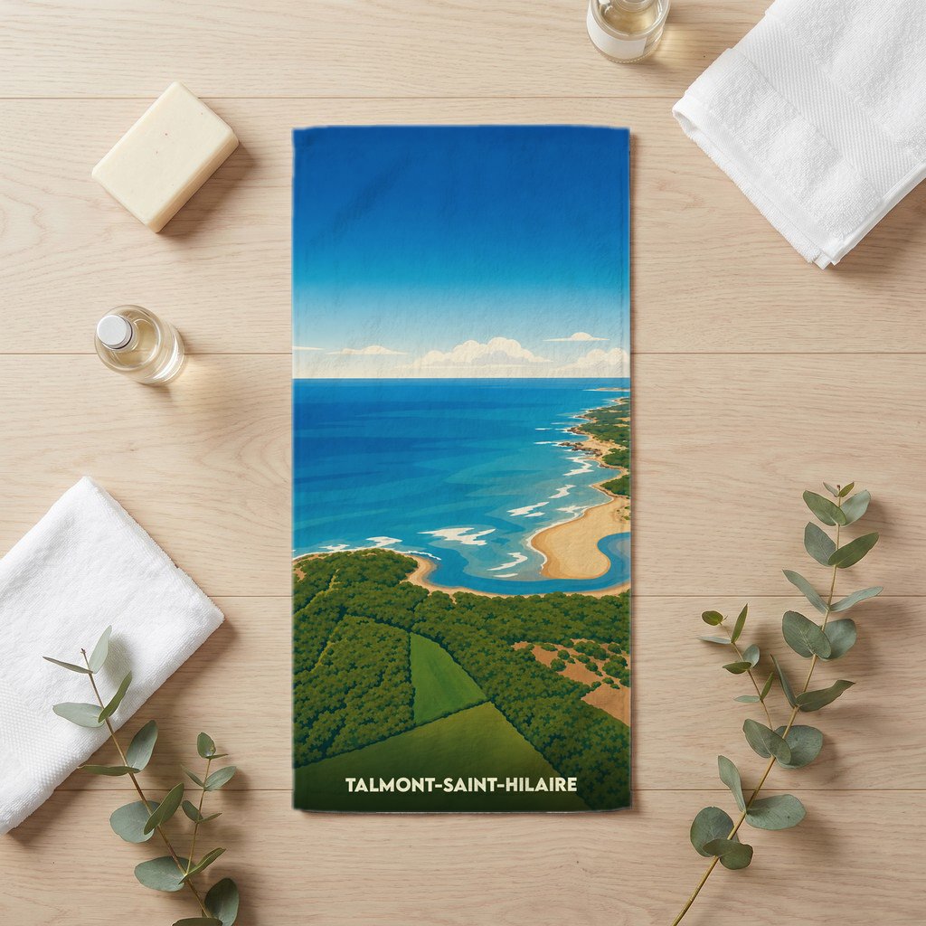 Serviette de bain souvenir de la ville de Talmont-Saint-Hilaire avec une illustration côtière stylisée.
