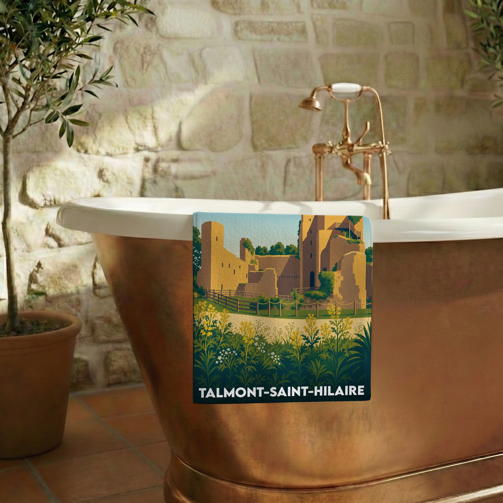 Serviette de bain souvenir de la ville de Talmont-Saint-Hilaire avec une illustration stylisée de son château médiéval.