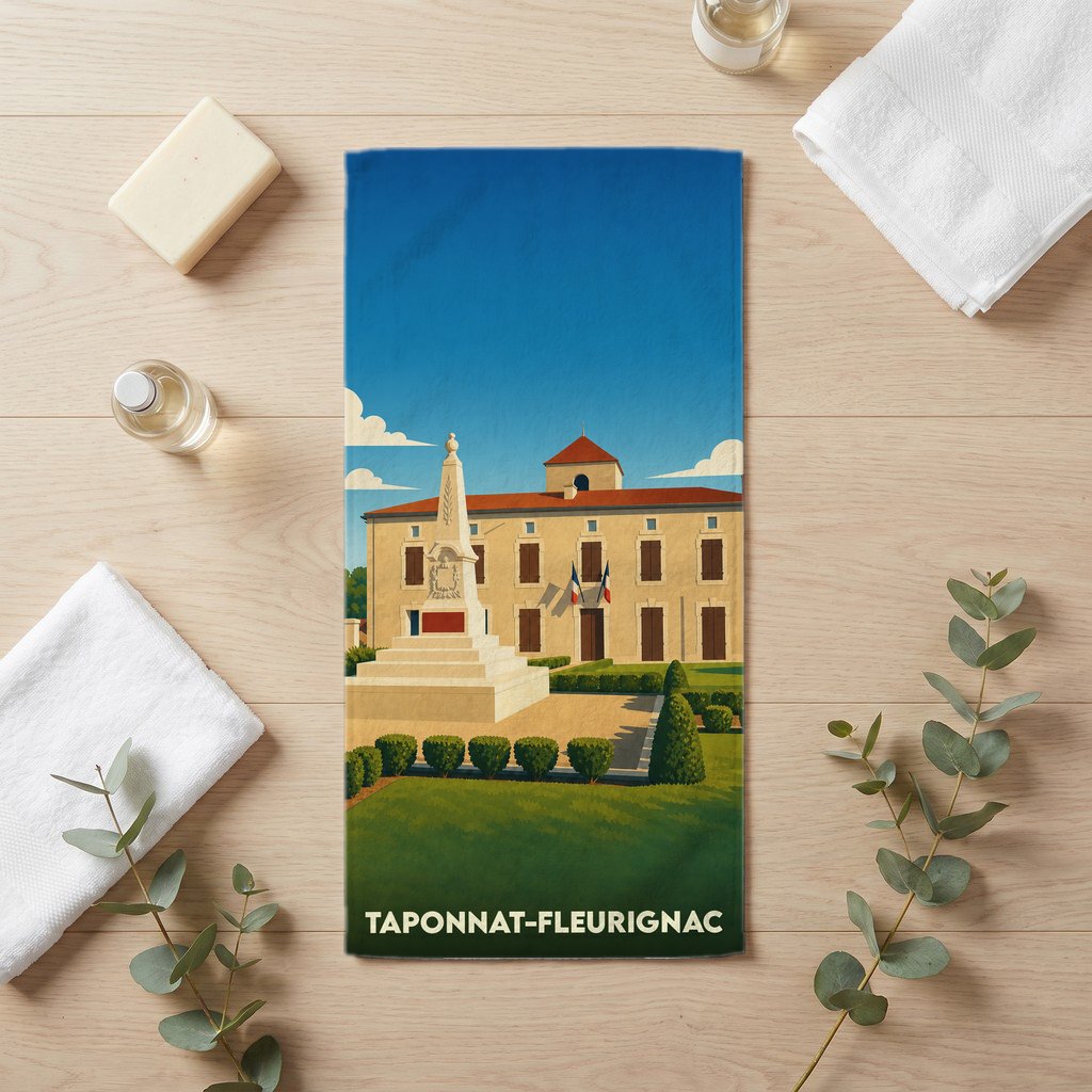 Serviette de bain souvenir de la ville de Taponnat-Fleurignac avec une illustration stylisée.
