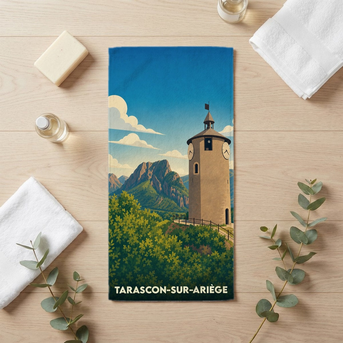Serviette de bain 30 cm x 60 cm souvenir de Tarascon-sur-Ariège