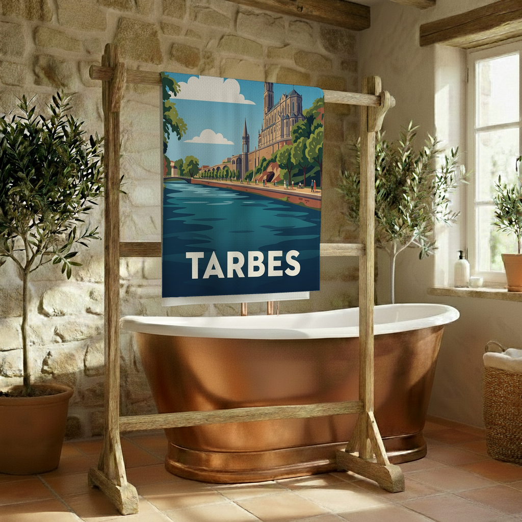 Serviette de bain souvenir de la ville de Tarbes avec une illustration stylisée.