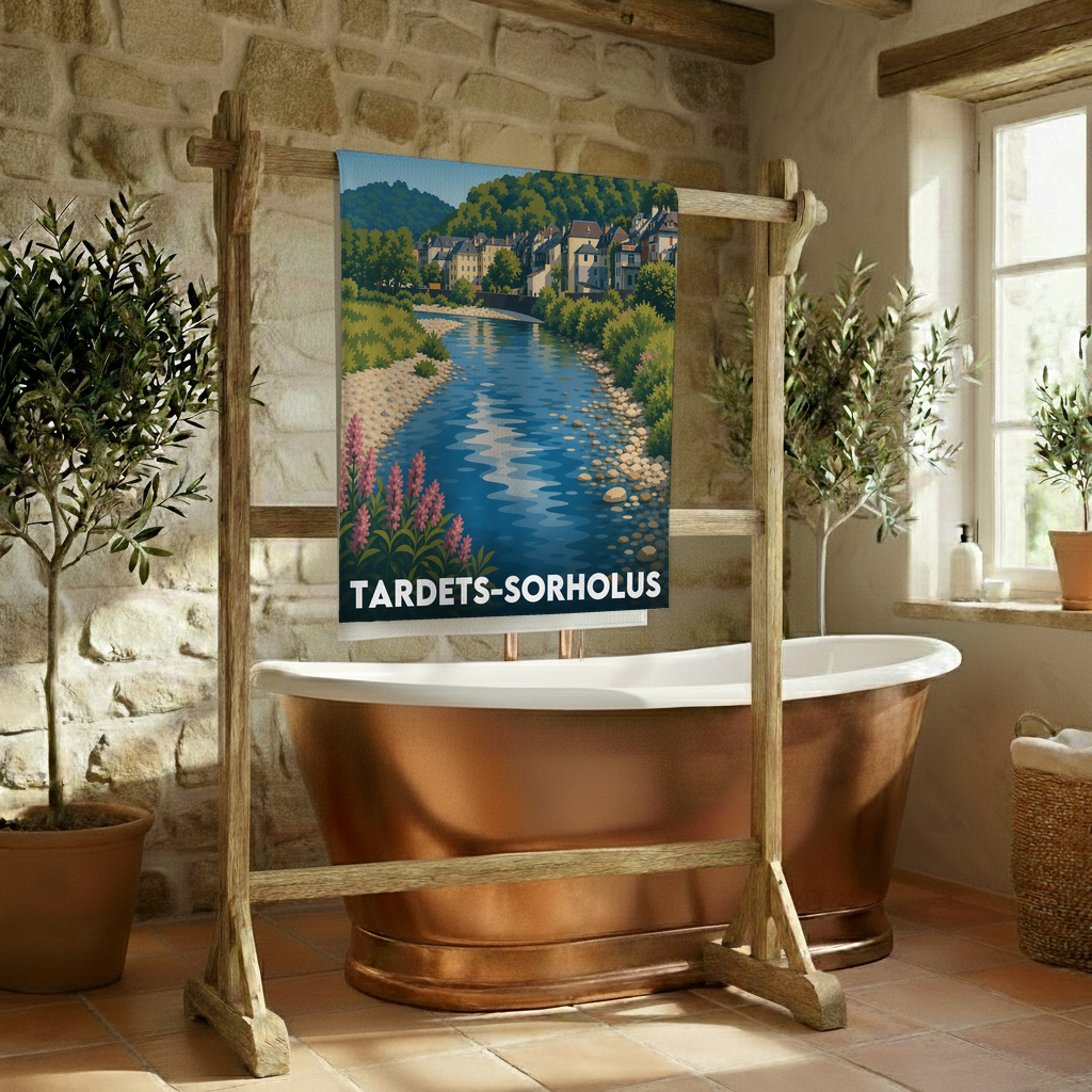 Serviette de bain souvenir de la ville de Tardets-Sorholus avec une illustration stylisée.