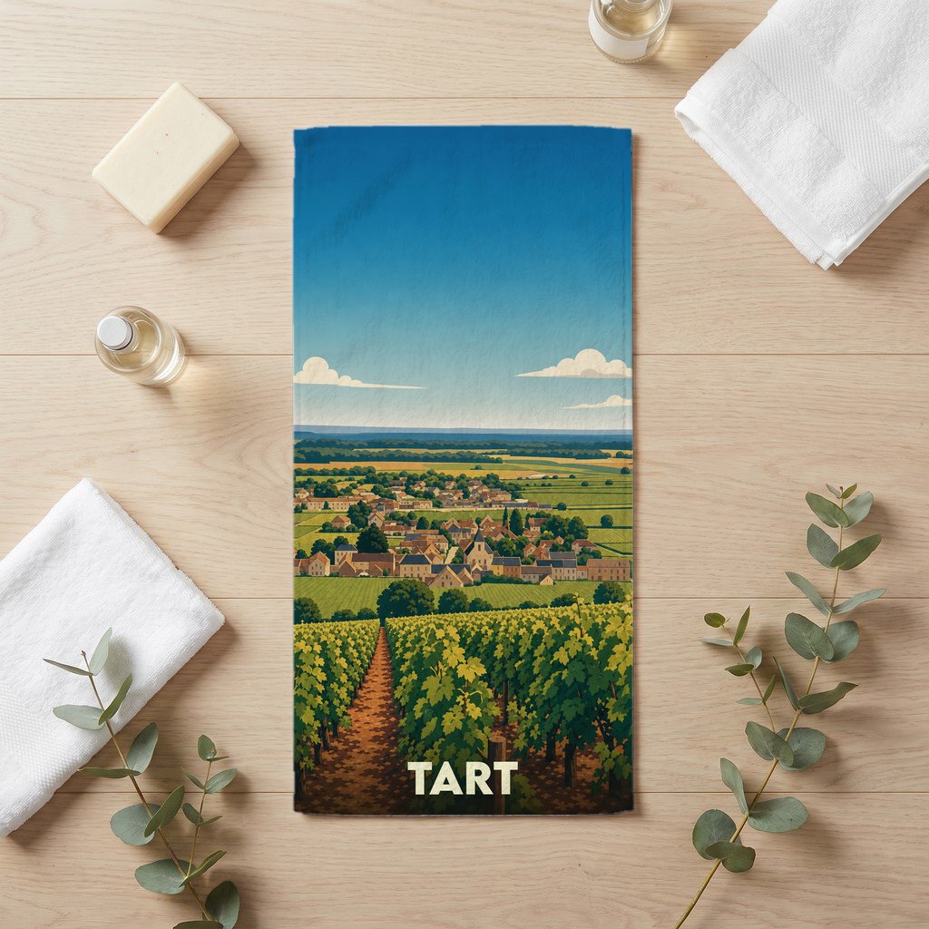 Serviette de bain souvenir de la ville de Tart illustrée d'un paysage de vignobles et de village.