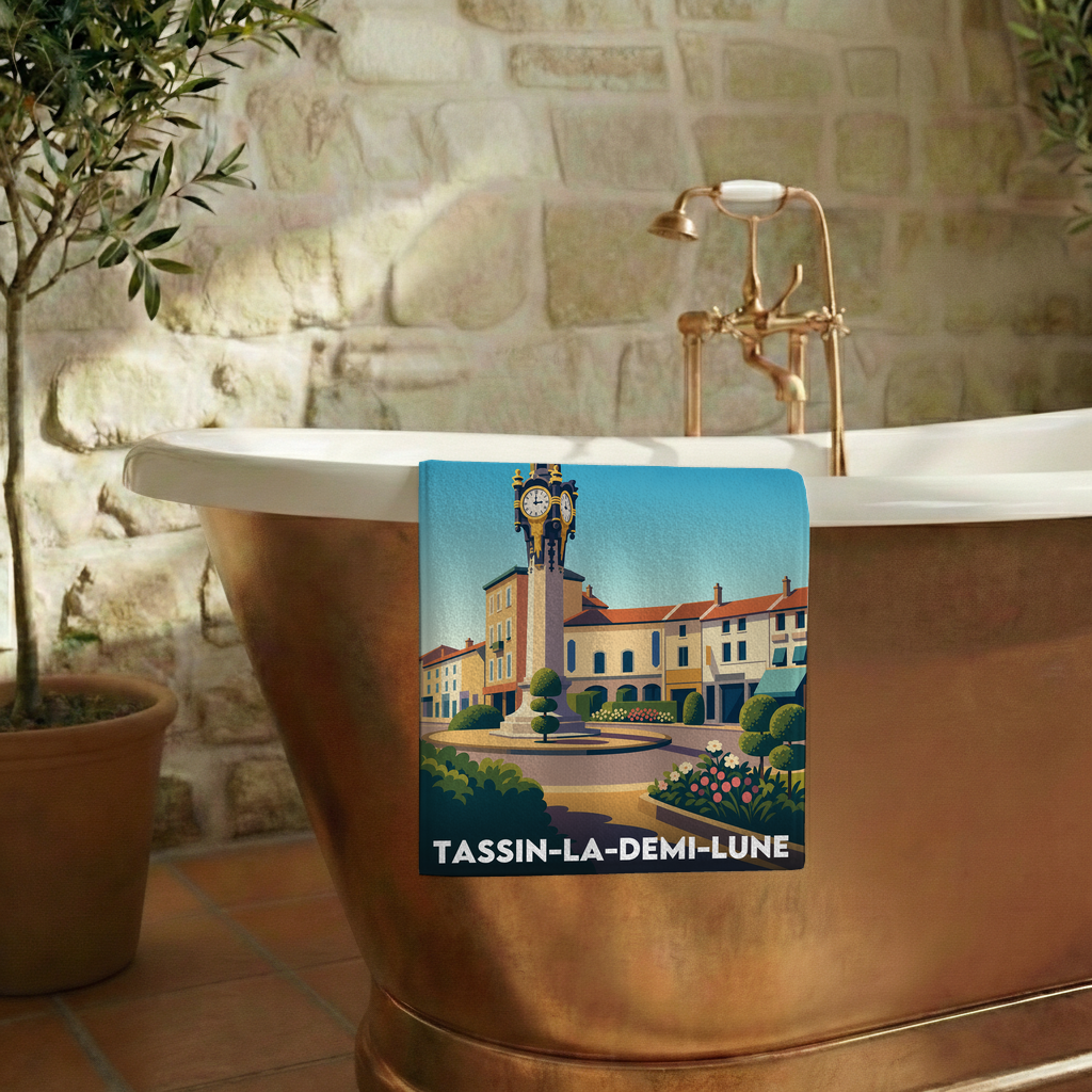 Serviette de bain souvenir de la ville de Tassin-la-Demi-Lune avec une illustration stylisée.