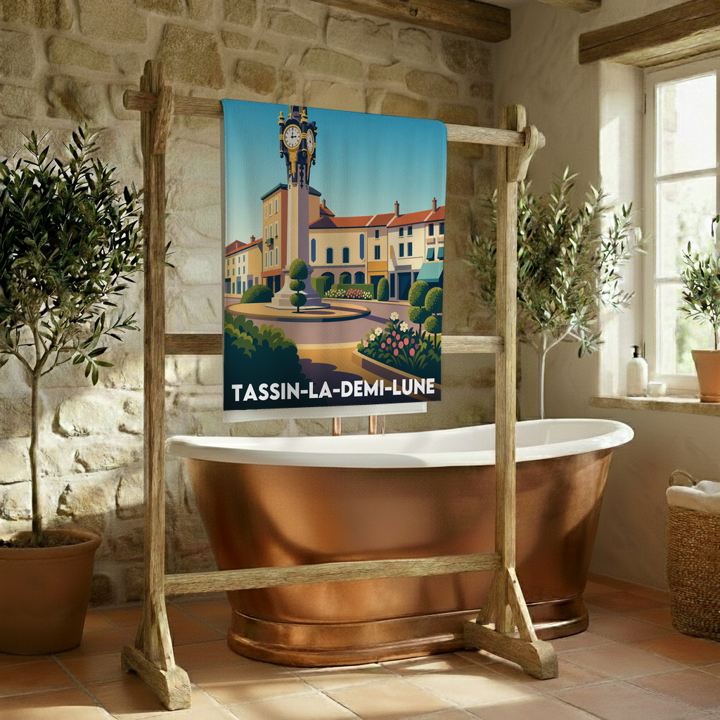 Serviette de bain souvenir de la ville de Tassin-la-Demi-Lune avec une illustration stylisée.