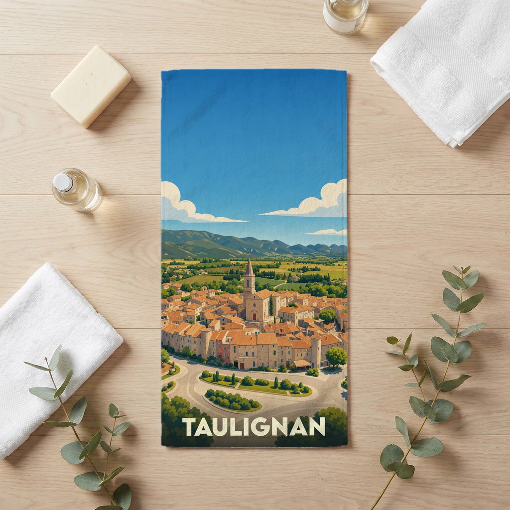 Serviette de bain souvenir de la ville de Taulignan illustrée par une vue panoramique stylisée.