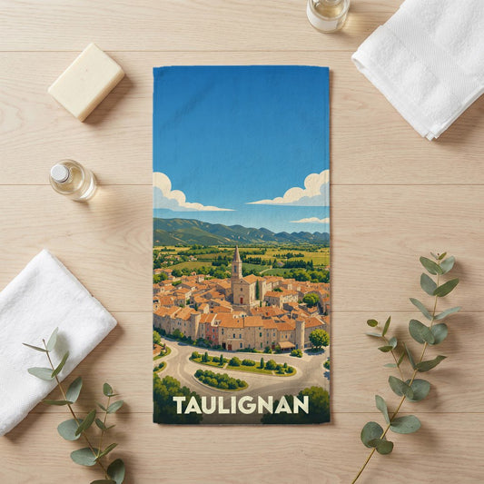 Serviette de bain souvenir de la ville de Taulignan illustrée par une vue panoramique stylisée.