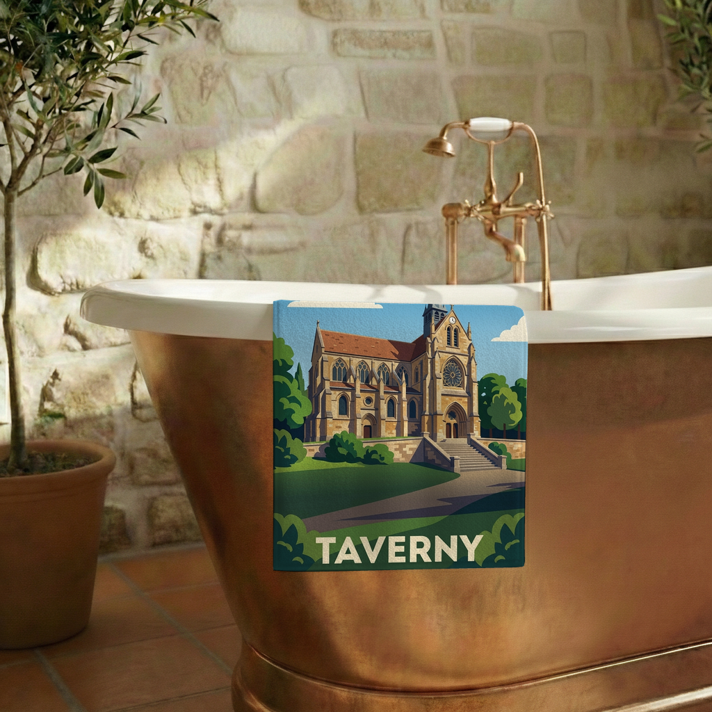 Serviette de bain souvenir de la ville de Taverny avec une illustration stylisée.