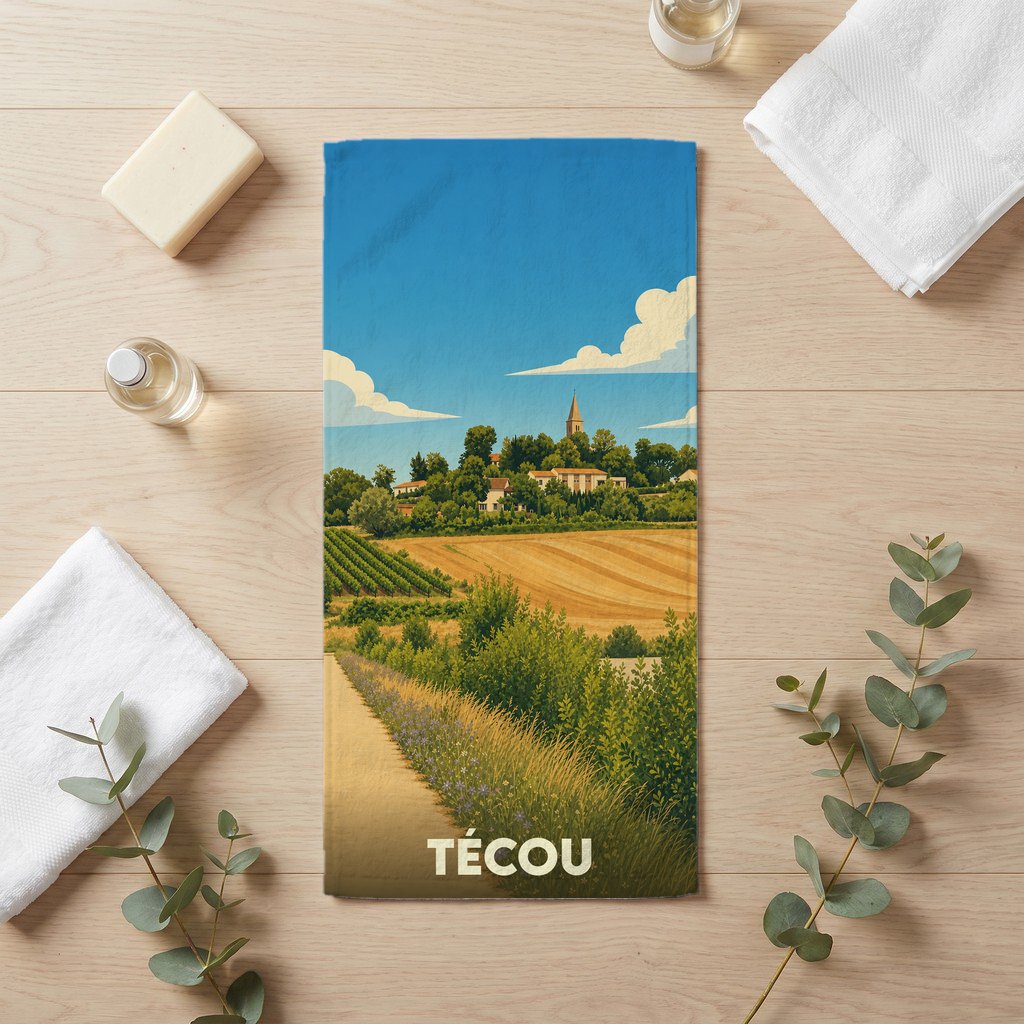 Serviette de bain souvenir de la ville de Técou illustrée d'un paysage de campagne stylisé.