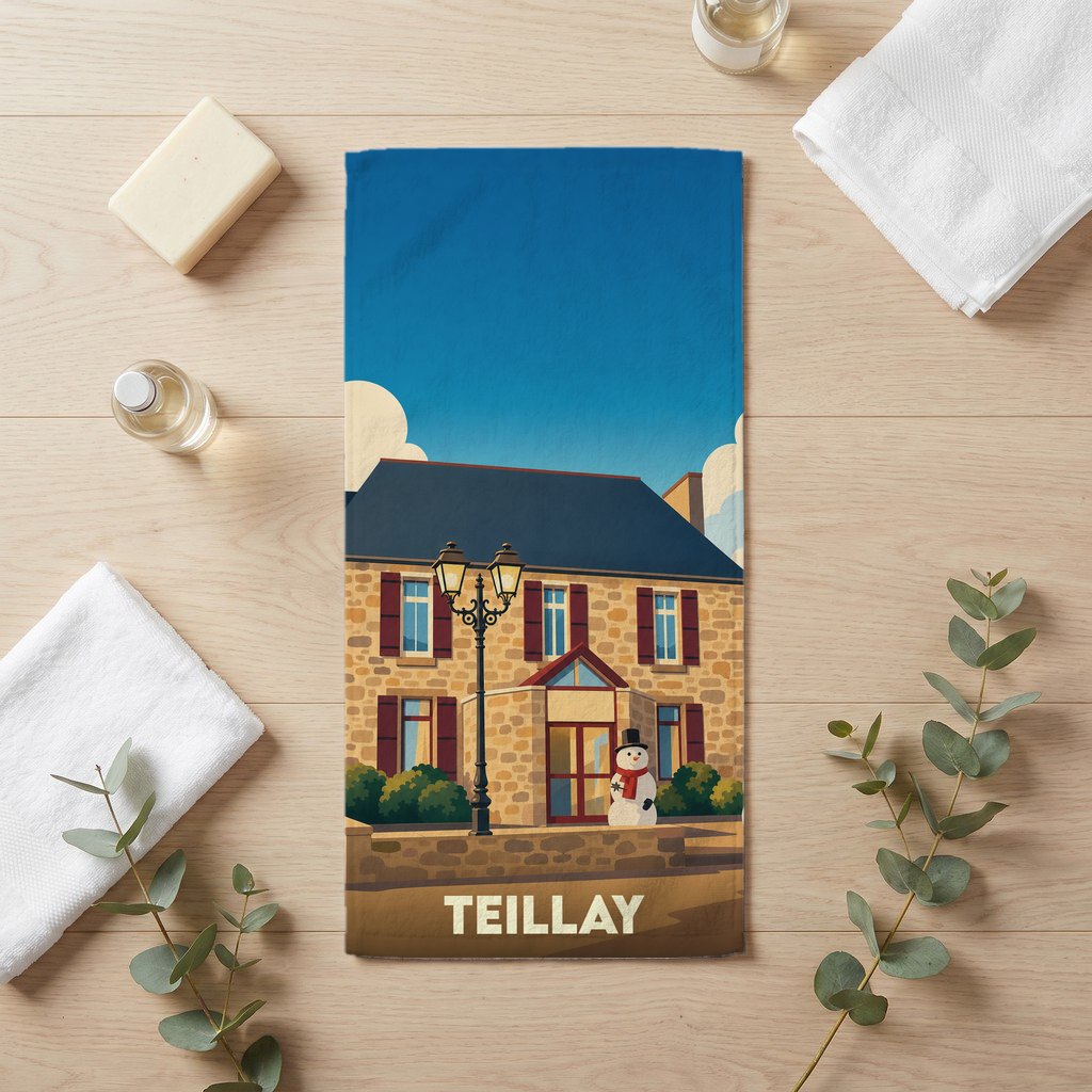 Serviette de bain souvenir de la ville de Teillay avec une illustration stylisée d'une maison en pierre.