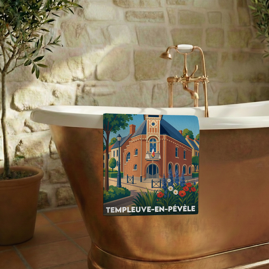 Serviette de bain souvenir de la ville de Templeuve-en-Pévèle avec une illustration stylisée.