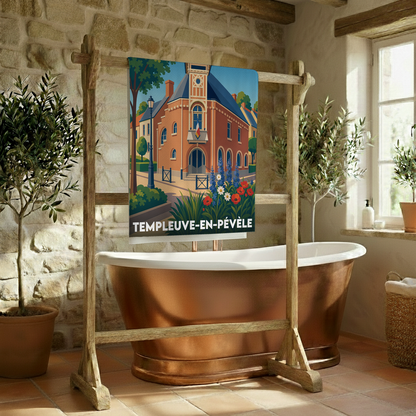 Serviette de bain souvenir de la ville de Templeuve-en-Pévèle avec une illustration stylisée.