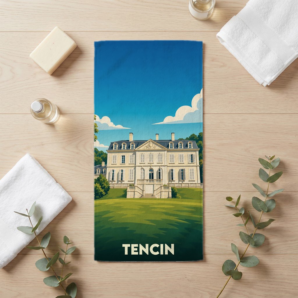 Serviette de bain souvenir de la ville de Tencin avec une illustration stylisée d'un château.