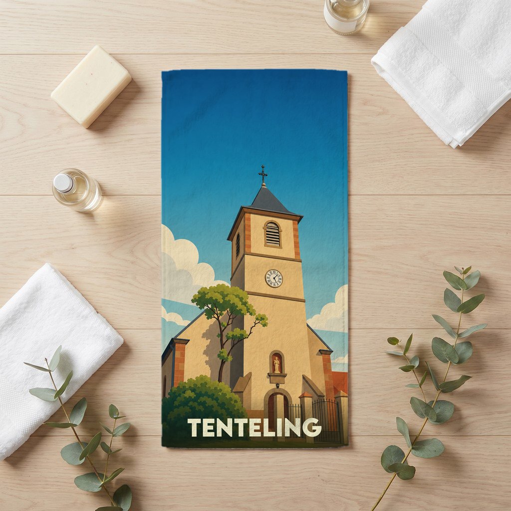 Serviette de bain souvenir de la ville de Tenteling avec une illustration stylisée de son église.