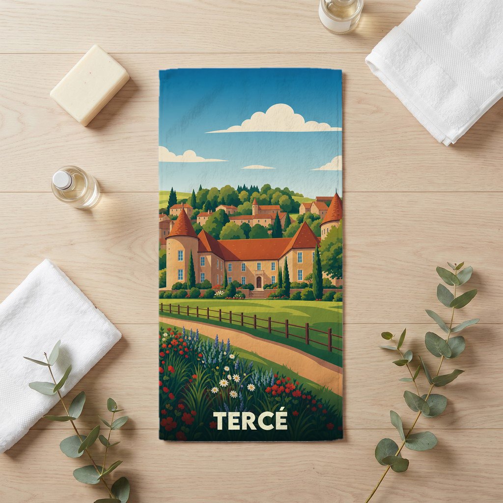 Serviette de bain souvenir de la ville de Tercé avec une illustration stylisée d'un château.