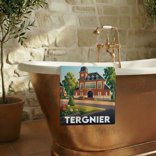 Serviette de bain souvenir de la ville de Tergnier avec une illustration stylisée.