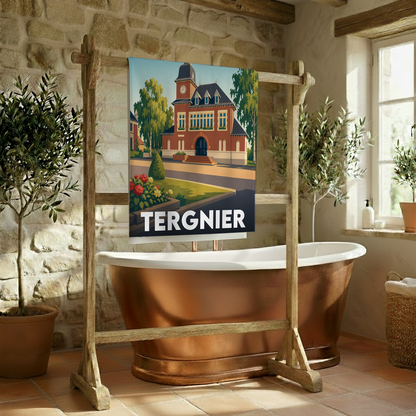 Serviette de bain souvenir de la ville de Tergnier avec une illustration stylisée.