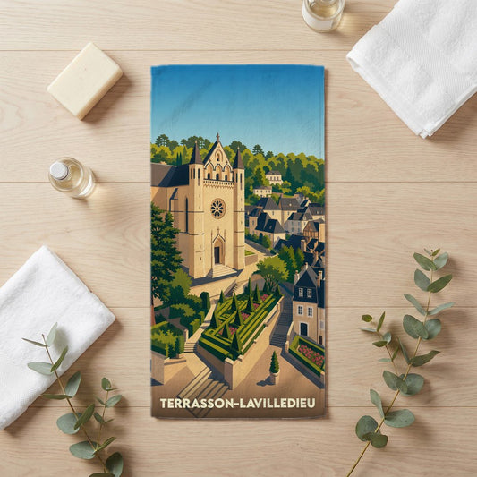Serviette de bain souvenir de la ville de Terrasson-Lavilledieu avec une illustration stylisée.