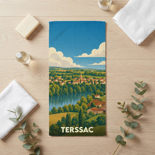 Serviette de bain souvenir de la ville de Terssac ornée d'une illustration paysagère stylisée.