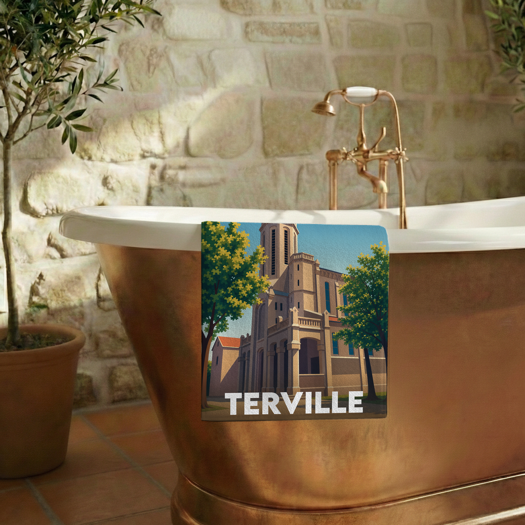 Serviette de bain souvenir de la ville de Terville avec une illustration stylisée.