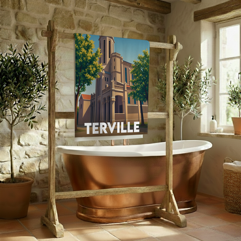 Serviette de bain souvenir de la ville de Terville avec une illustration stylisée de son église.