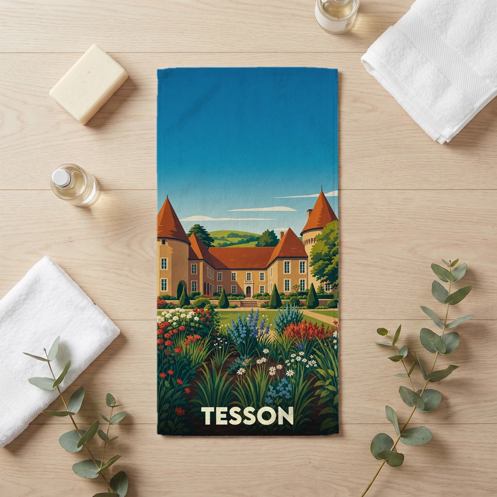 Serviette de bain souvenir de la ville de Tesson avec une illustration stylisée d'un château et de ses jardins fleuris.