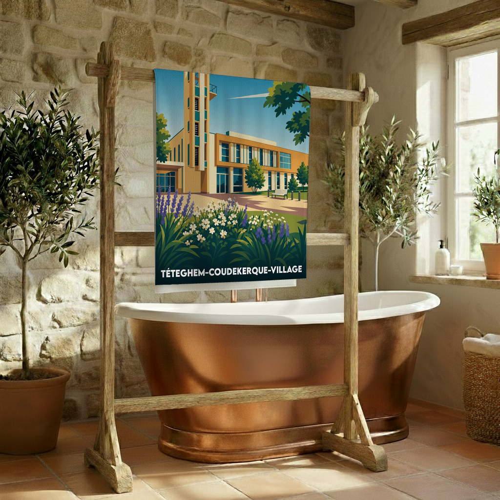 Serviette de bain souvenir de Téteghem-Coudekerque-Village illustrée d'un paysage urbain stylisé et fleuri.