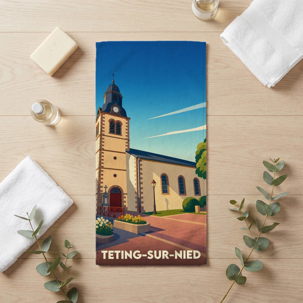 Serviette de bain souvenir de Teting-sur-Nied avec une illustration stylisée de son église.