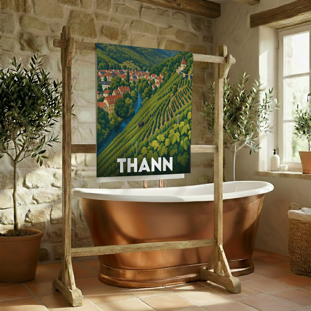 Serviette de bain souvenir de la ville de Thann avec une illustration stylisée de ses vignobles et de son centre historique.