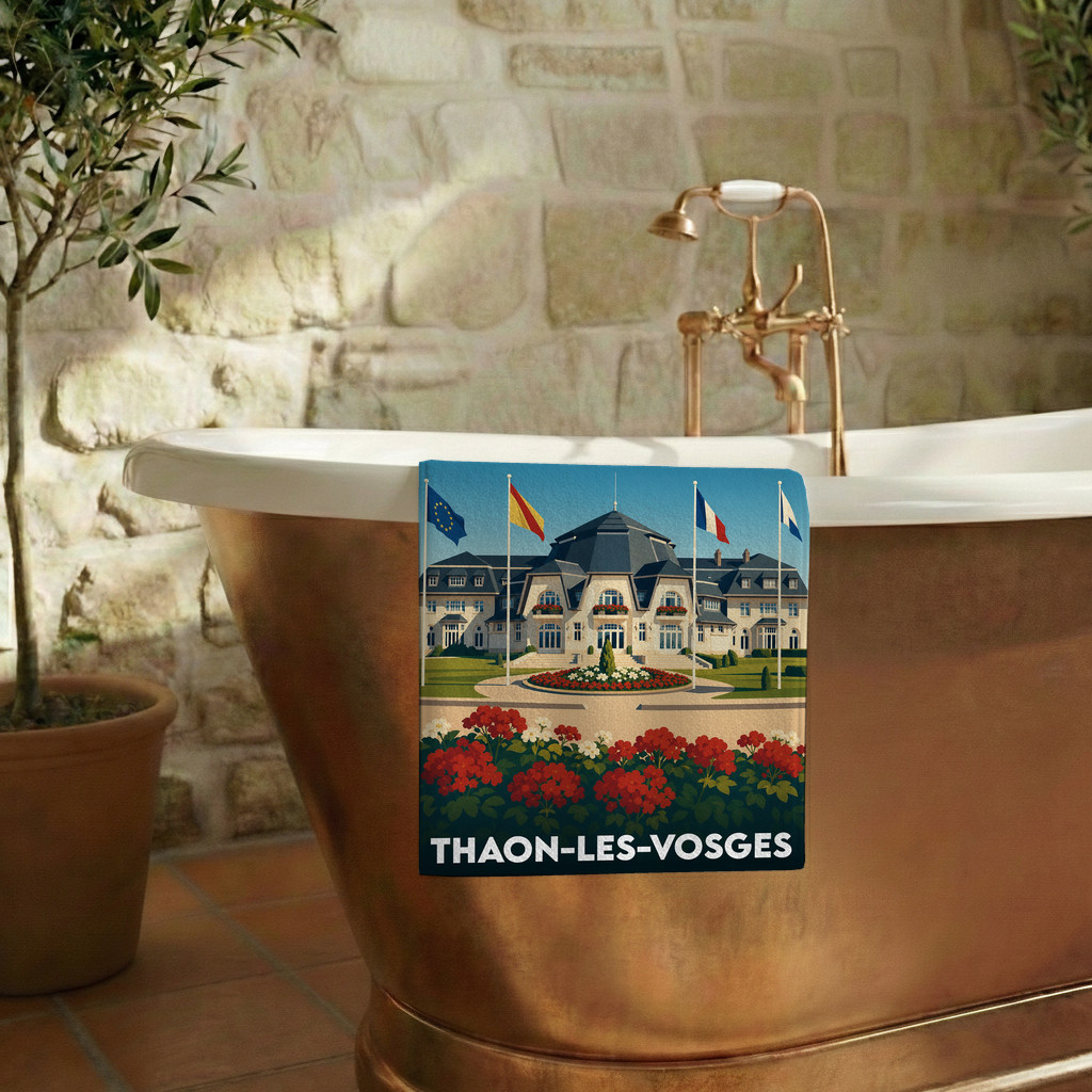 Serviette de bain souvenir de la ville de Thaon-les-Vosges avec une illustration stylisée.