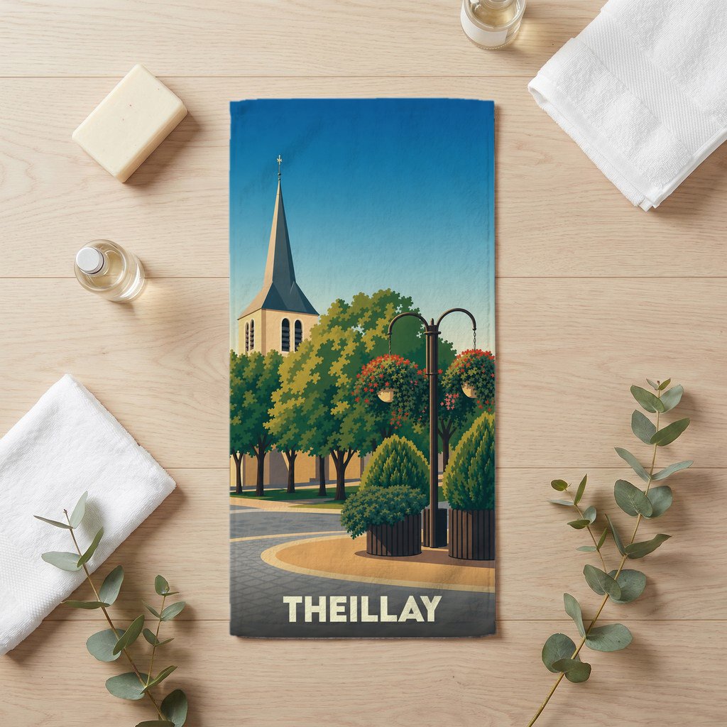 Serviette de bain souvenir de la ville de Theillay avec une illustration stylisée d'une église et d'un parc.