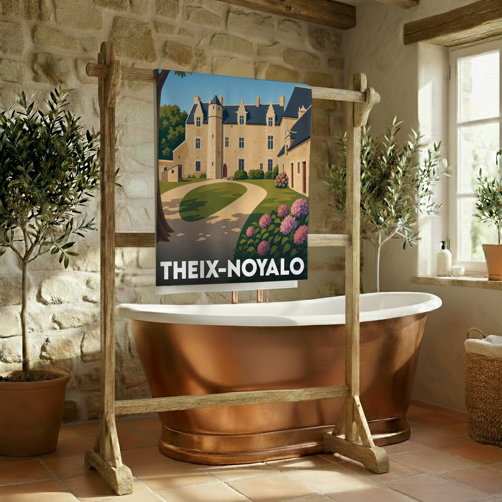 Serviette de bain souvenir de la ville de Theix-Noyalo avec une illustration stylisée de château.