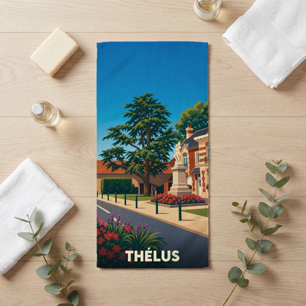 Serviette de bain souvenir de la ville de Thélus avec une illustration stylisée.