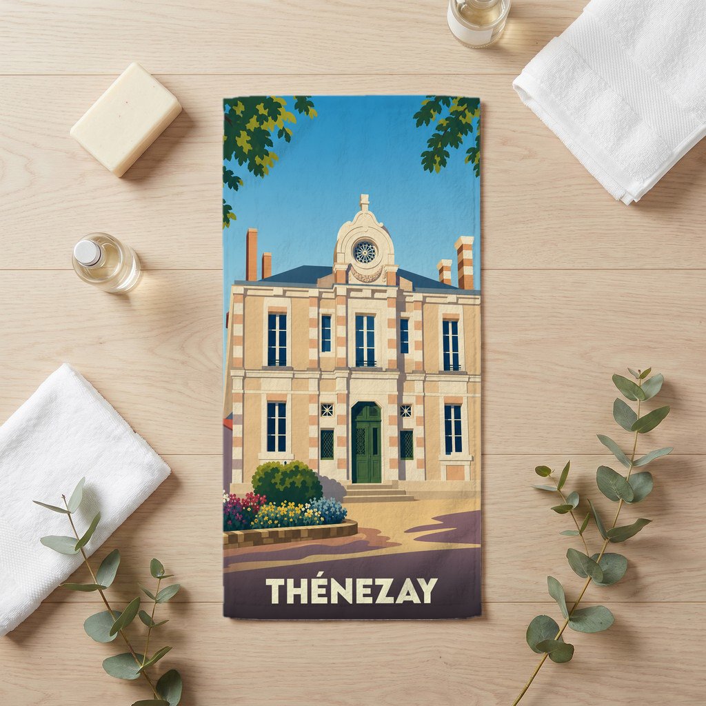 Serviette de bain souvenir de la ville de Thénezay avec une illustration stylisée de sa mairie.