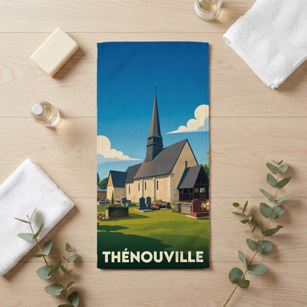 Serviette de bain souvenir de la ville de Thénouville avec une illustration stylisée de son église.