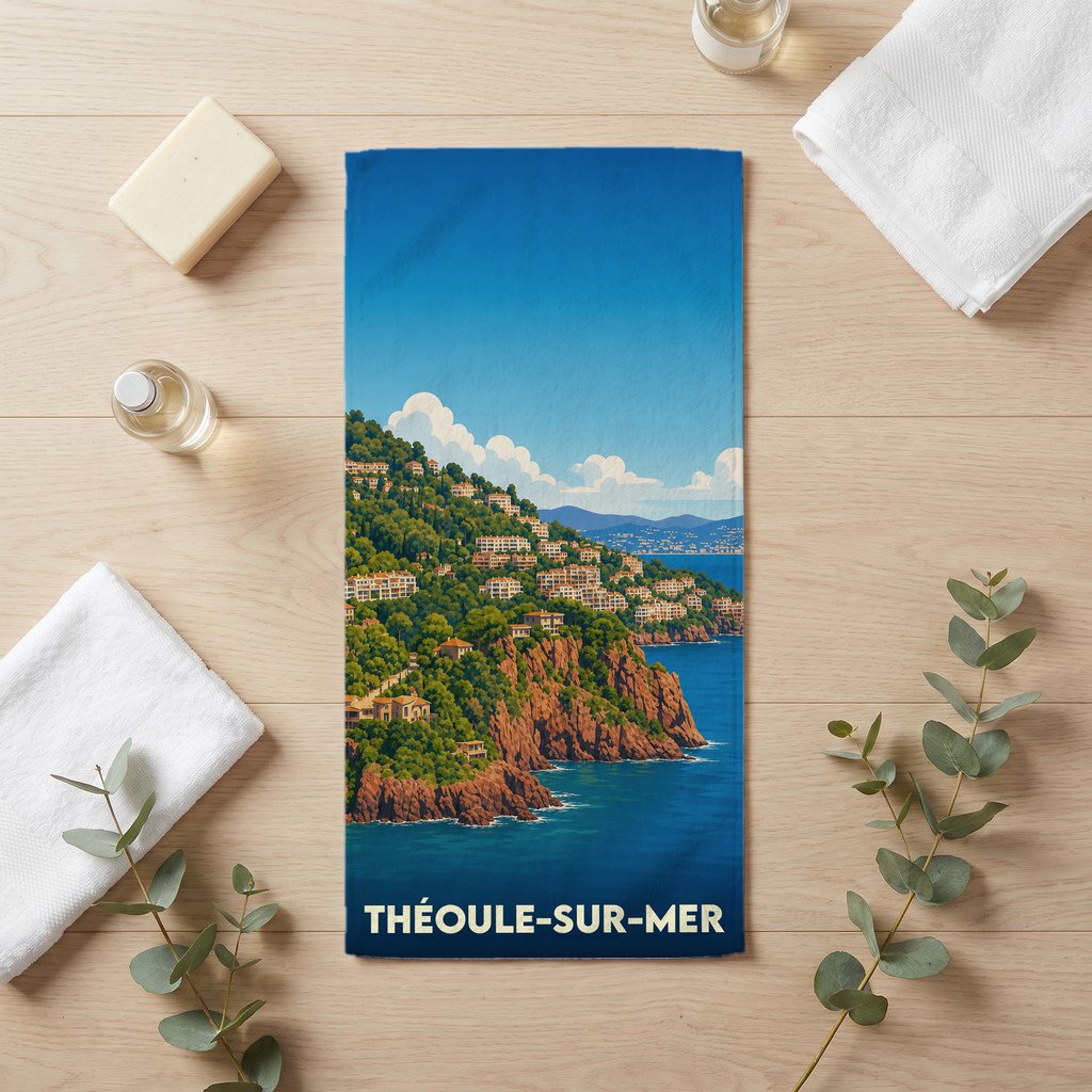 Serviette de bain souvenir de Théoule-sur-Mer avec une illustration stylisée de son littoral escarpé.