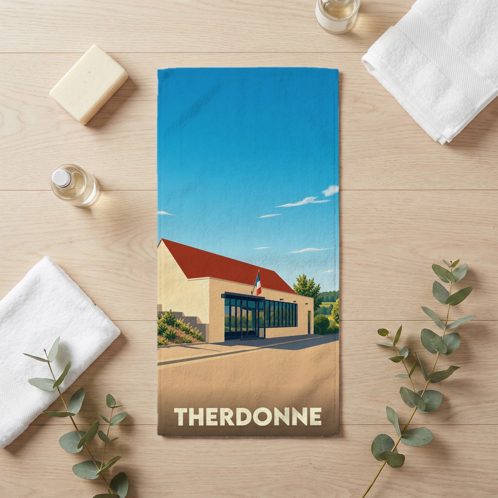 Serviette de bain souvenir de la ville de Therdonne avec une illustration stylisée d'un bâtiment local.